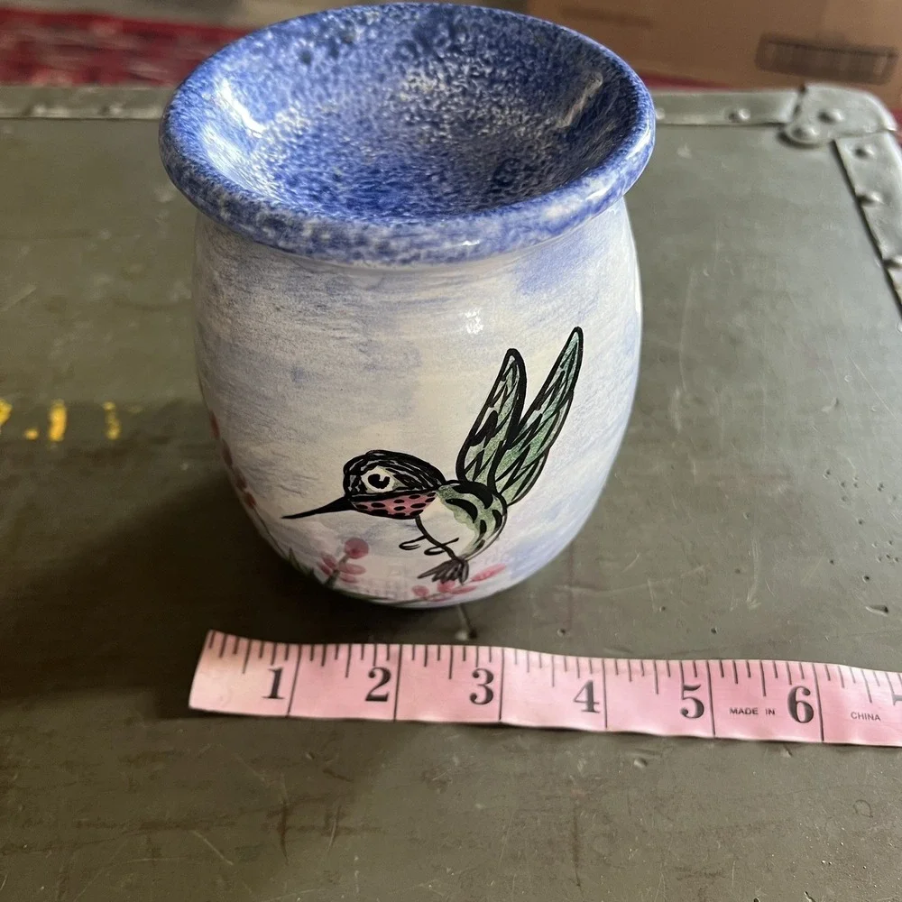 Nola Watkins Collection Hand Painted Pottery Hummingbird Candle Holder~ SIGNED